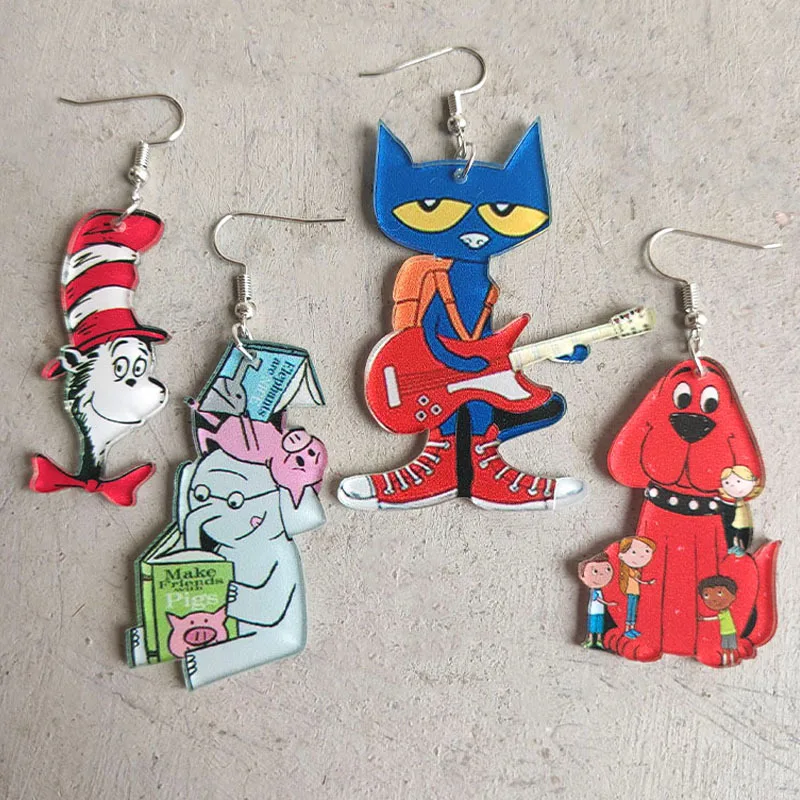 Acrylic Picture Book Student Earrings Guitar Cat Elephant Puppy Print Teacher Earrings Jewelry Graduation Gift pendientes mujer