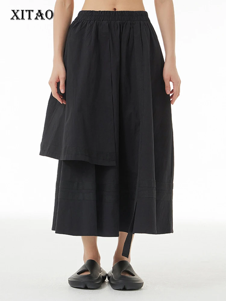 

XITAO Casual Irregular Simplicity Solid Color Loose Patchwork Skirt Women Summer All-match Elastic Waist A-line Skirt DMJ1510