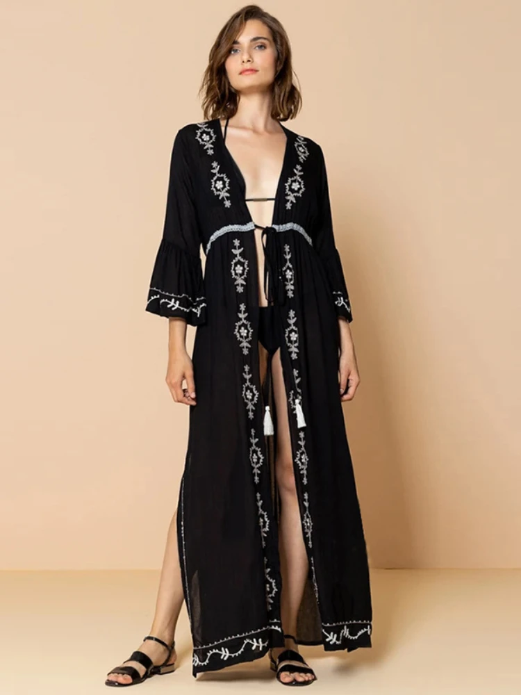 

Beach Cover Ups for Swimwear Women Flower Embroidery Elegant Kimono Dress Bathing Suits Flare Sleeve Black Holiday Beachwear