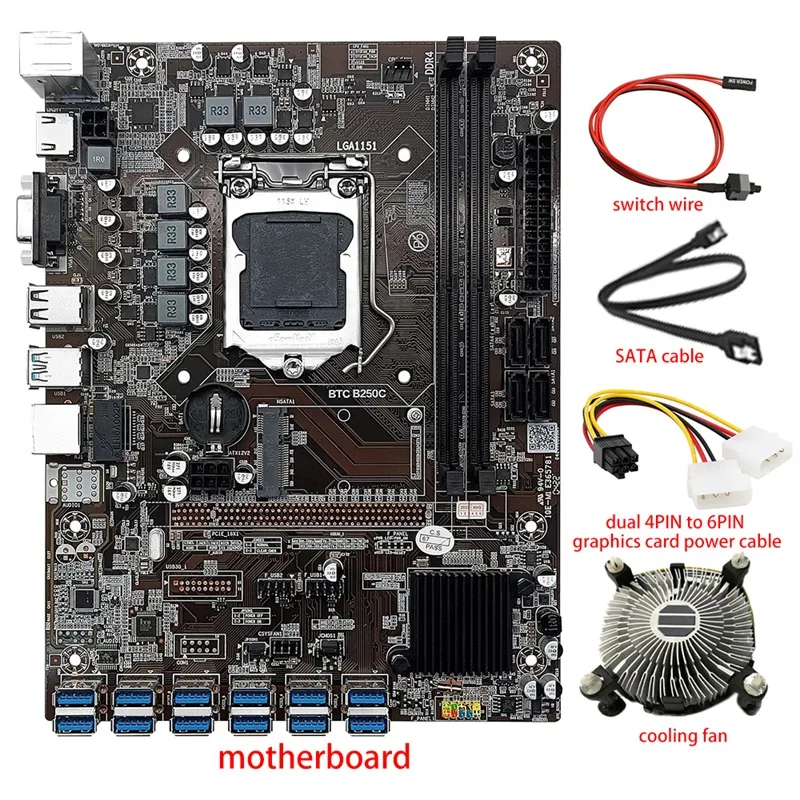 

B250C 12 Card BTC Mining Motherboard+Cooling Fan+Power Cable+SATA Cable+Switch Cable 12 USB3.0(PCIE) LGA1151 DDR4 MSATA