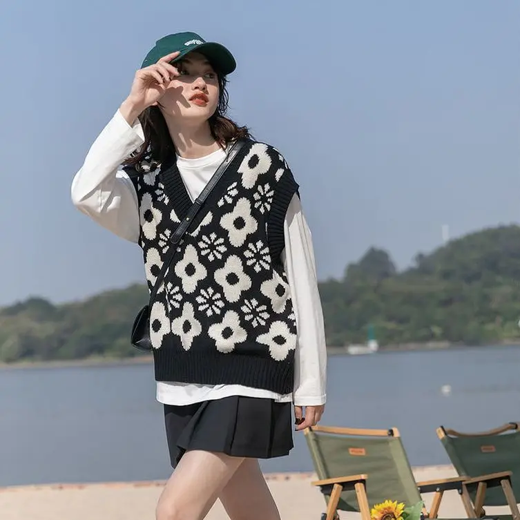 Women Knitted Vest Korean Style Sweater Unif Waistcoat Top Pullovers Waistcoats Sleeveless Simple All-match Female Jumper |
