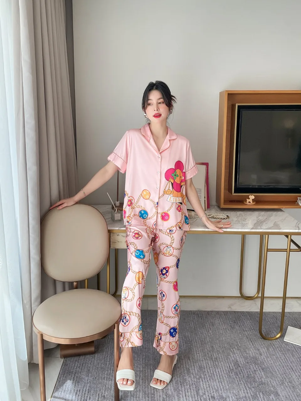 [Women's pajamas] [high-quality]2023 New Short Sleeve Long Pants Ice Silk Set Korean Version Sweet Sunflower Large Homewear