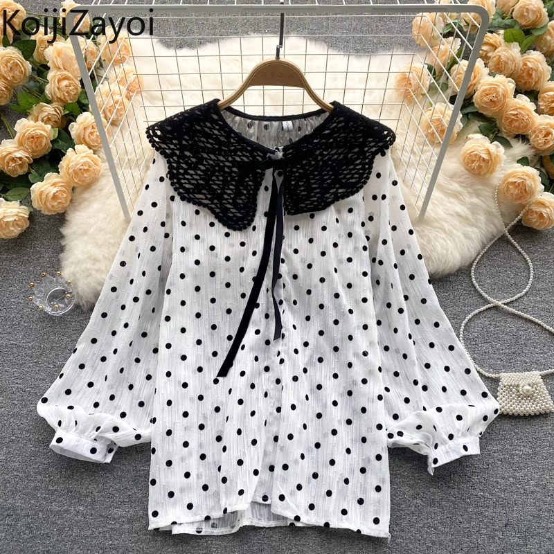 

Женская кружевная блузка в горошек Koijizayoi с длинными рукавами и воротником «Питер Пэн», шикарная Корейская рубашка, новинка весны-осени 2022, ретро блузы, топы