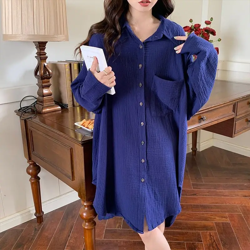 QWEEK Cotton Sleeping Shirt Woman Cardigan Home Clothes Casual Long Sleeve Print Sleepwear Korean Style Gauze Soft Nightie