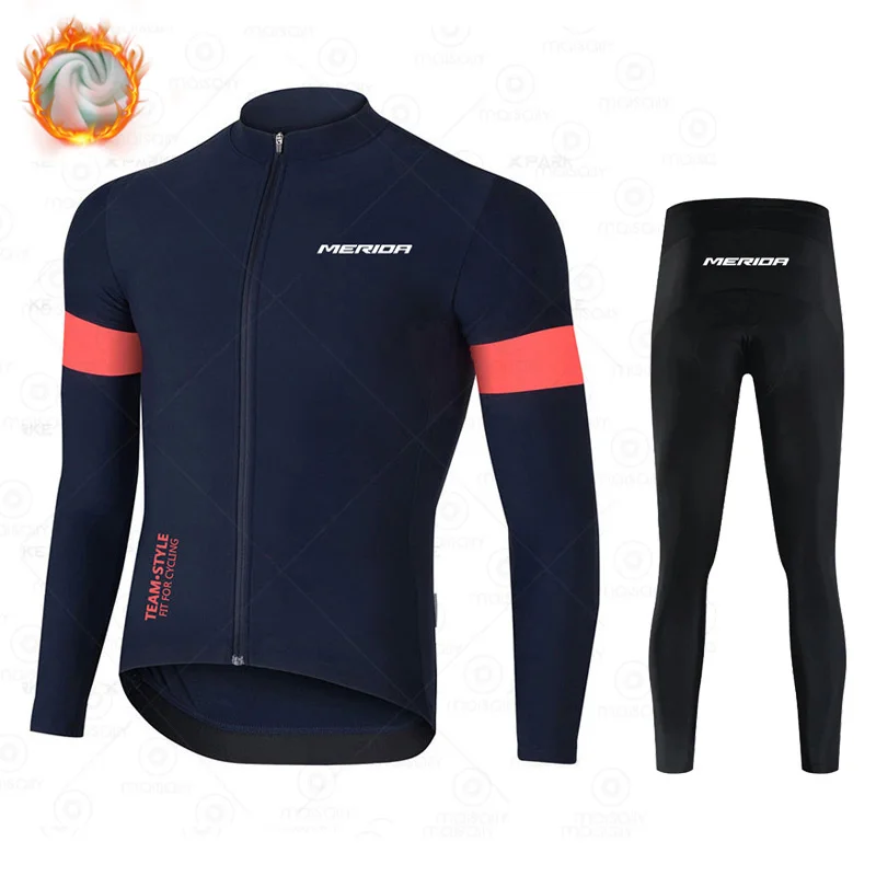 New Winter Thermal Fleece Cycling Clothing Set Merida Mens Long Sleeves Jersey Road Bike Uniform MTB Bib Pants Ropa Ciclismo