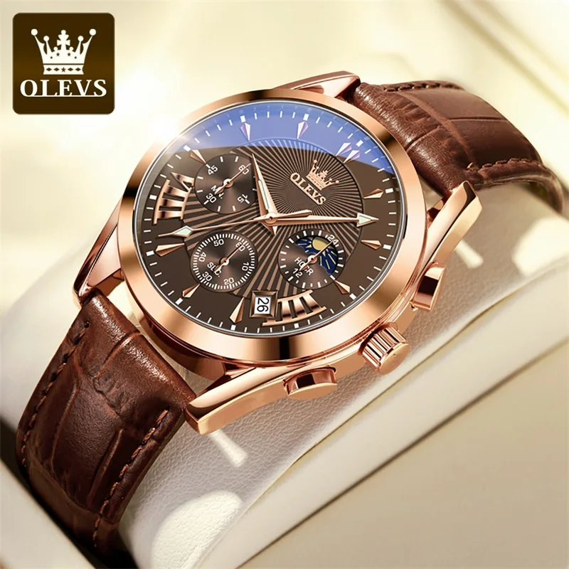 

OLEVS 2876 Multifunctional Luxury Genuine Leather Strap Watches for Men Quartz Sport Waterproof Men Wristwatches Luminous