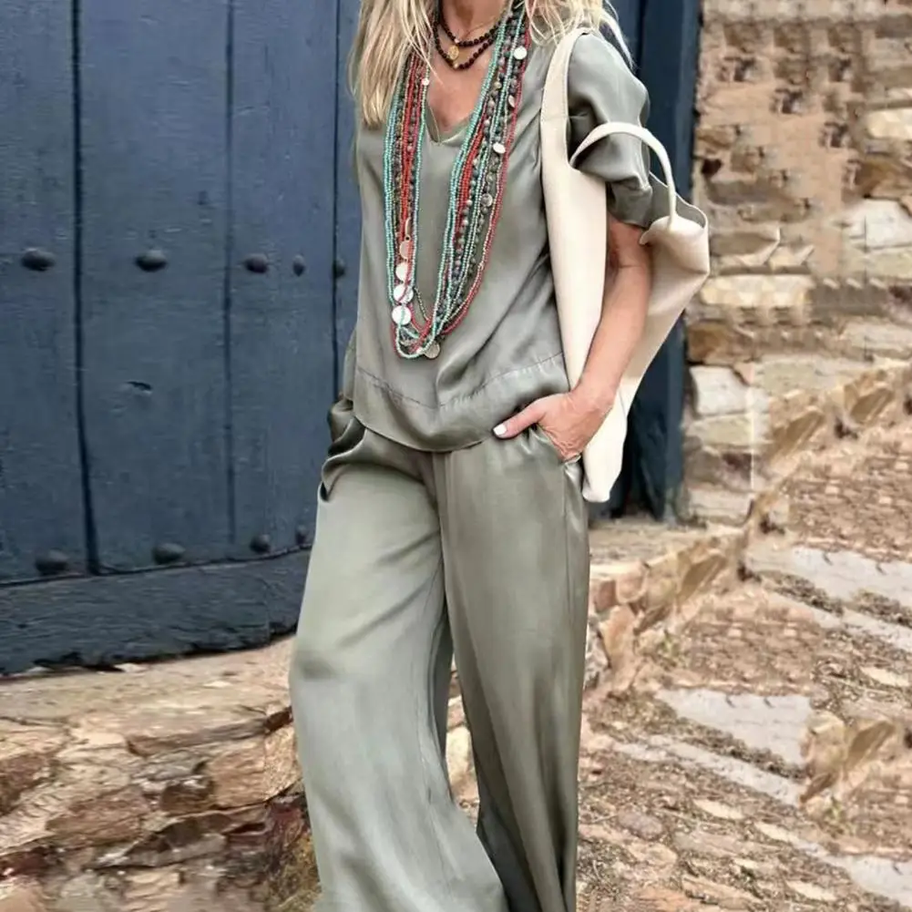 

Women T-shirt Pants Set Versatile Women's Casual Outfit Set Loose Fit V-neck T-shirt with Elastic Waist Wide Leg Pants