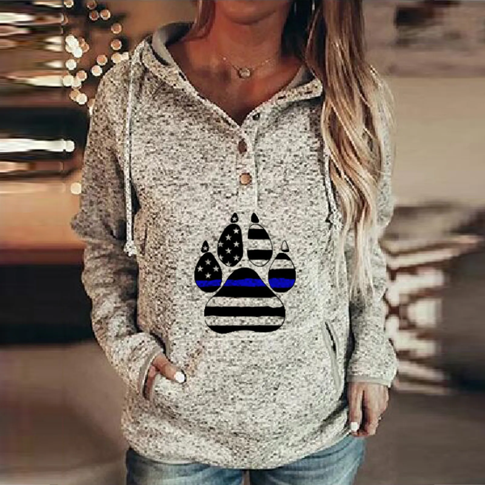 

Sleeve Button Tops Long Down Women's With Pocket Hoodies Sweatshirts Pullover Knitted Winter Dresses Women Hoodie with Strings