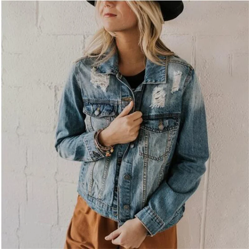 

Women Worn Cowboy Jacket Casual Washed Blue Grey Slim Long Sleeve Hole Coat Vintage Pockets Turn Down Collar Denim Jacket Outfit
