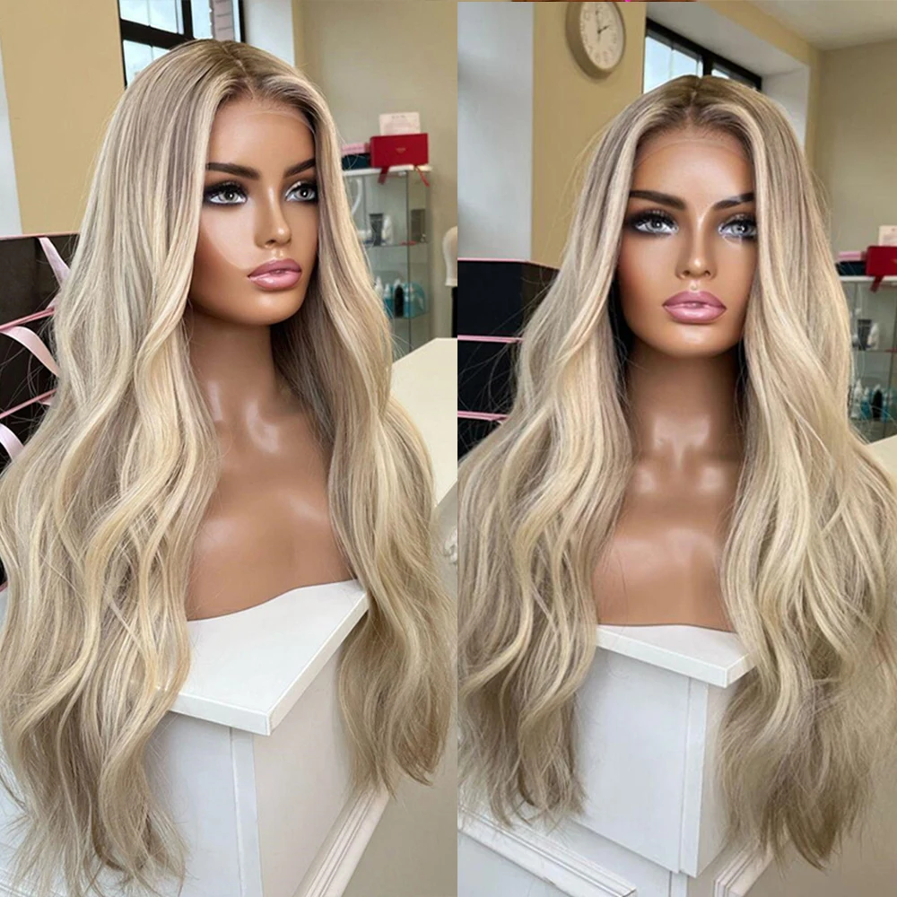 Full Lace Wig Warm Blonde Highlights Human Hair Wigs 13x6 HD Invisible Lace with Natural Roots Slight Wavy Virgin Hair 200%