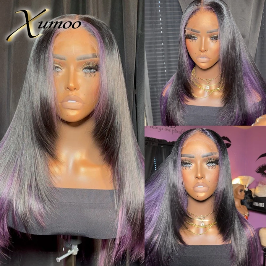 XUMOO Purple Ombre Colored 13×6 Lace Frontal Wigs For Women Pre-Plucked Transparent Lace Peruvian Straight Human Hair Wig