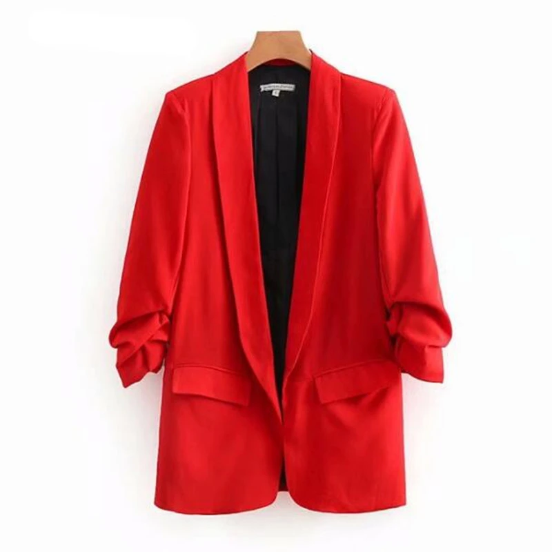 

Женский блейзер с воротником-шалью, яркий однотонный приталенный Блейзер средней длины с оборками и манжетами, повседневная куртка, верхня...