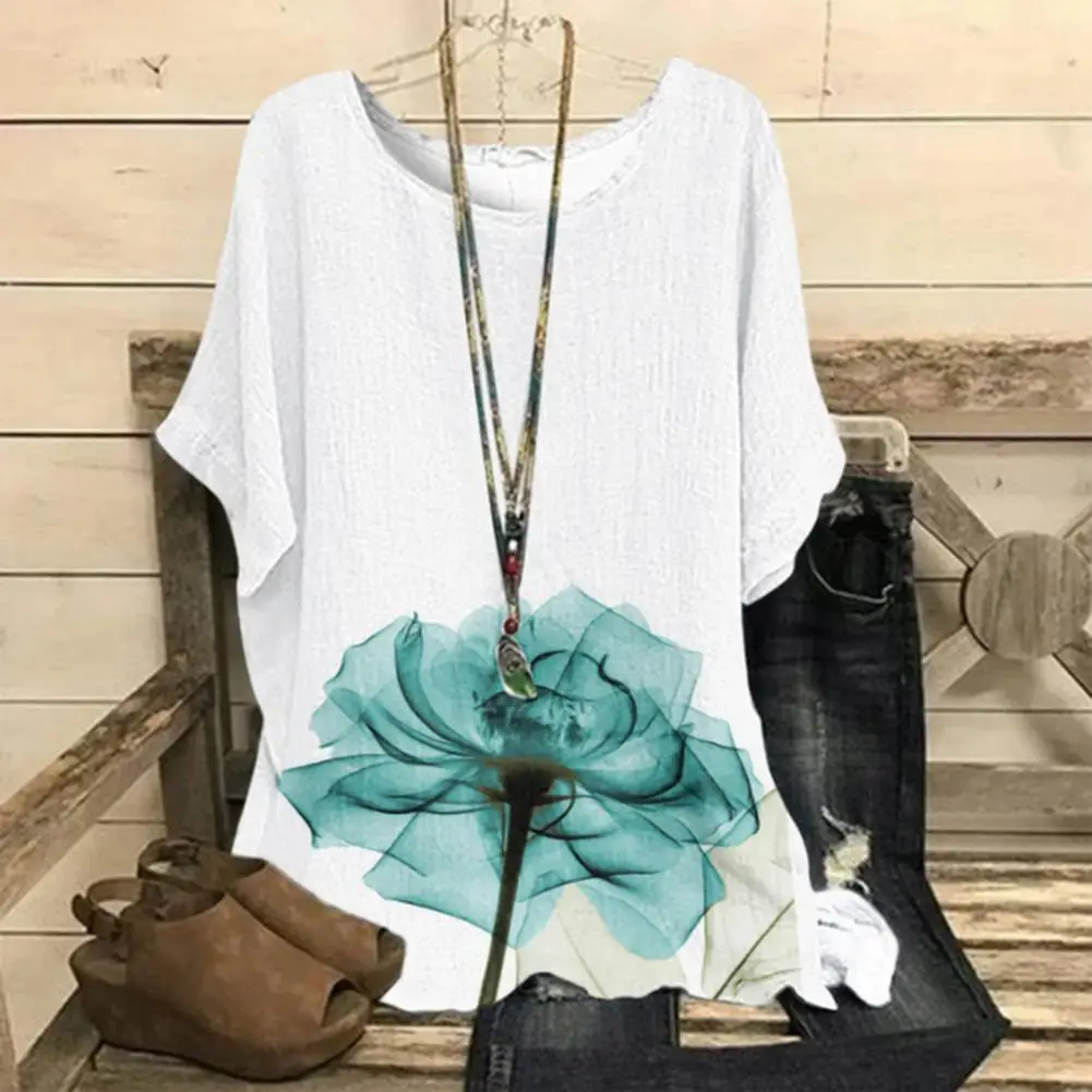 

Women Linen Blouse Summer Tops O-neck Short Sleeve Loose Ladies T-shirt Vivid Flower Pattern Pullover T-shirt Streetwear
