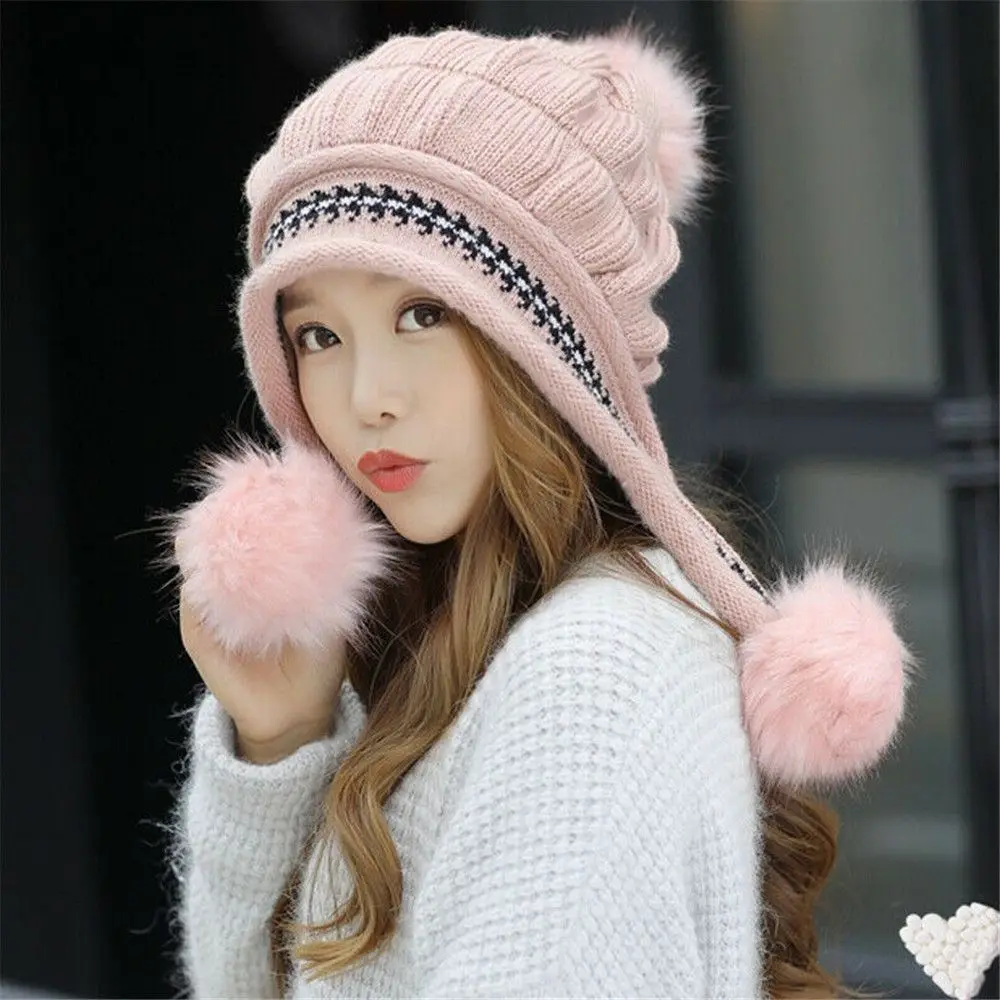Женская Зимняя Вязаная Шапка-бини С Двойными Помпонами Одинаковые Перчатки