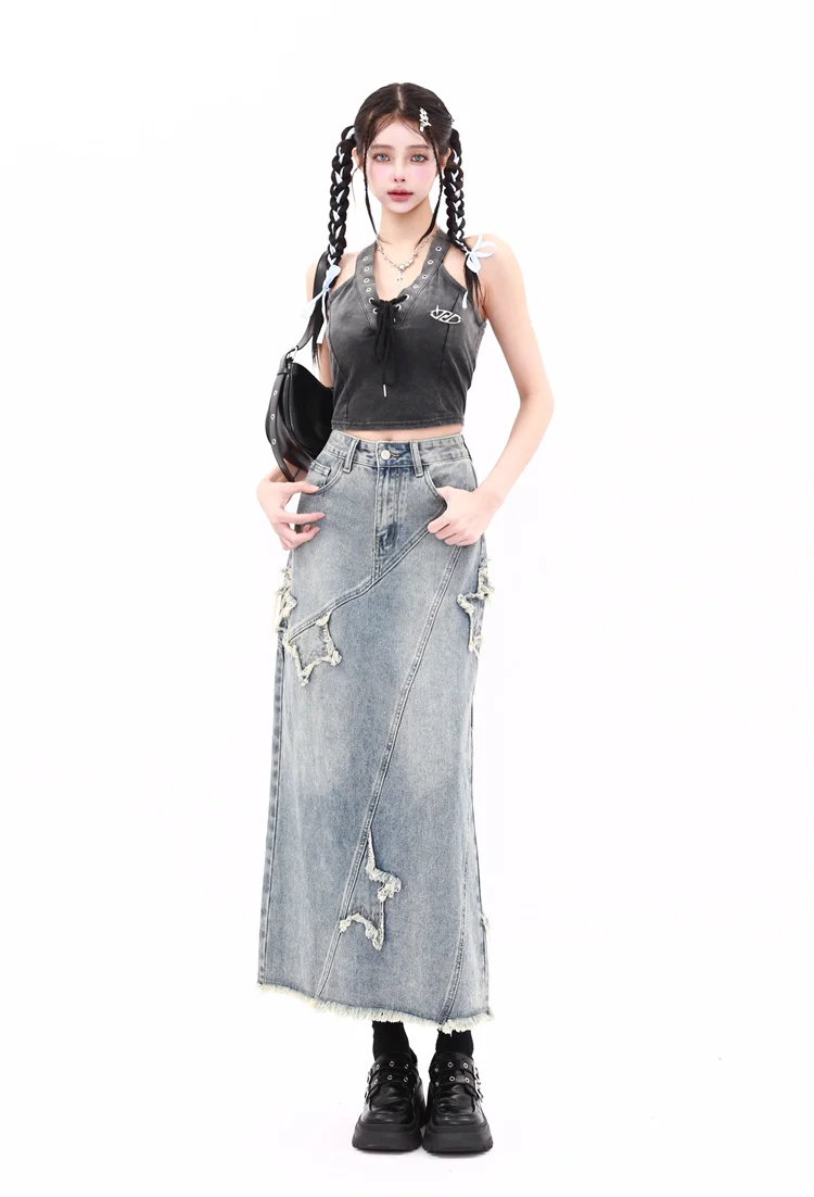 Женская джинсовая юбка трапециевидной формы винтажная элегантная ковбойская в