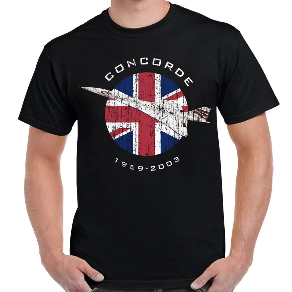 

British Jack Flag Distressed Concorde Supersonic Airliner T-Shirt Short Sleeve Casual 100% Cotton O-Neck Mens T-shirt Size S-3XL