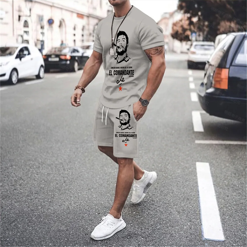 Men's Smoking Personality Cool Print Hip-Hop Casual O-Neck Short-Sleeved T-Shirt Shorts Fashion Retro Wild Two-Piece Suit 6XL