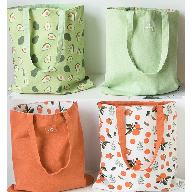

1PCS cotton shopper fabric double-sided dual-use Hand bag cotton and linen pocket handbag shopping bag storage bag grocery bag