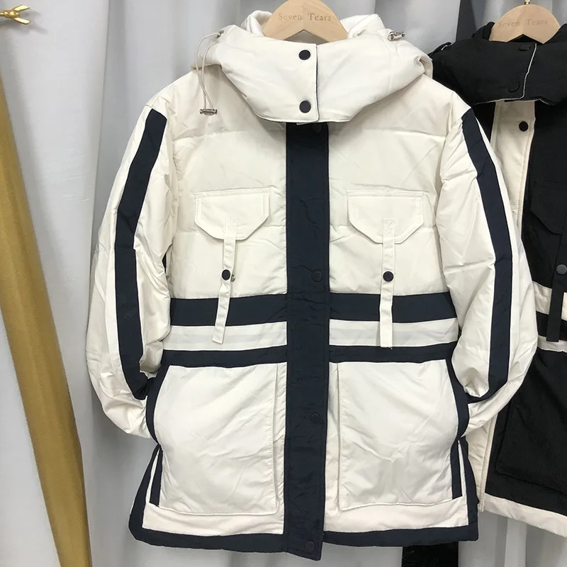 Winter Down Jacket White Duck Down Men and Women with The Same Paragraph Colour Blocking Thickened Medium-length Couples Jacket