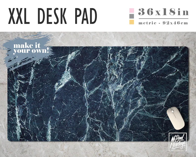 

Blue Marble Print Extra Large Desk Pad with Available Custom Monogram - Extended Mouse Mat - 36x18in