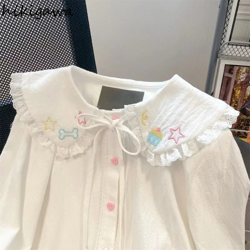 Блузка женская с длинным рукавом винтажный топ свободного покроя вышивкой