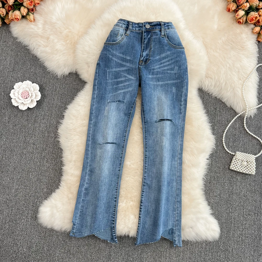 

Spring and Autumn New Nine Point Flared Pants High Waist Casual Pants Are Thin and Versatile, with Holes and Rough Jeans