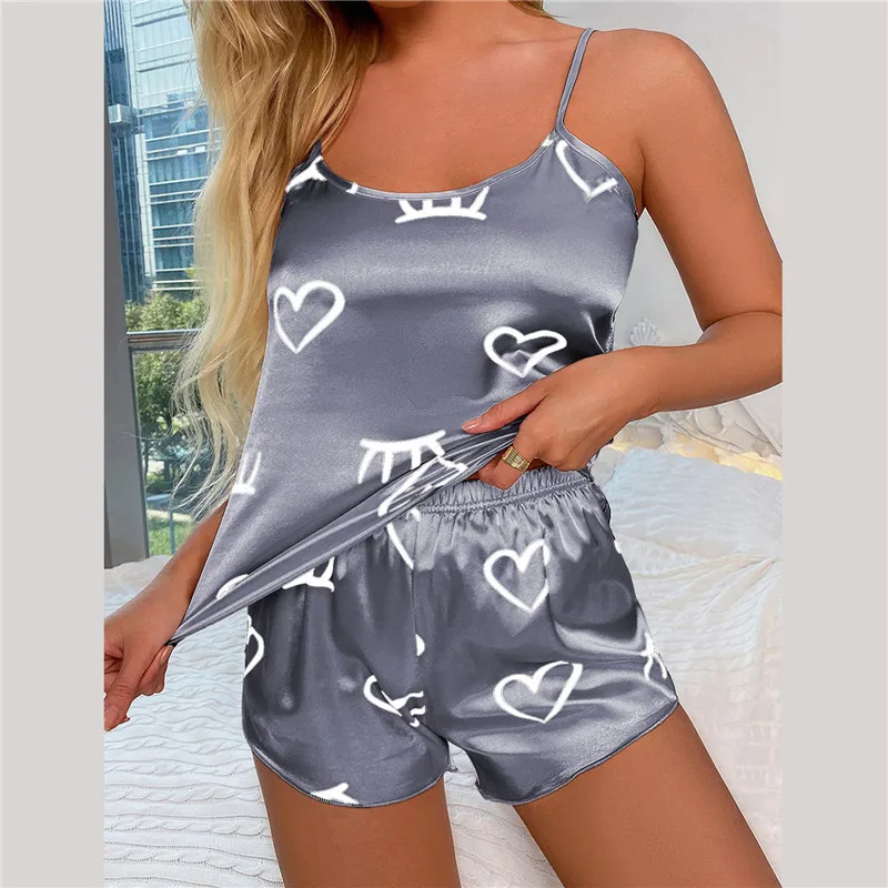 

Пижама женская атласная с цветочным принтом и шортами, 2023 шелк