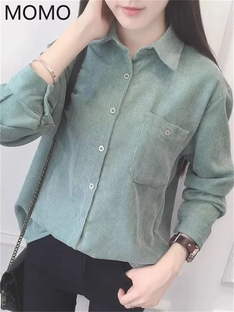 

vintage corduroy Women's summer blouses fashion woman tops women 2021 White shirt blouse blusas long sleeve top female
