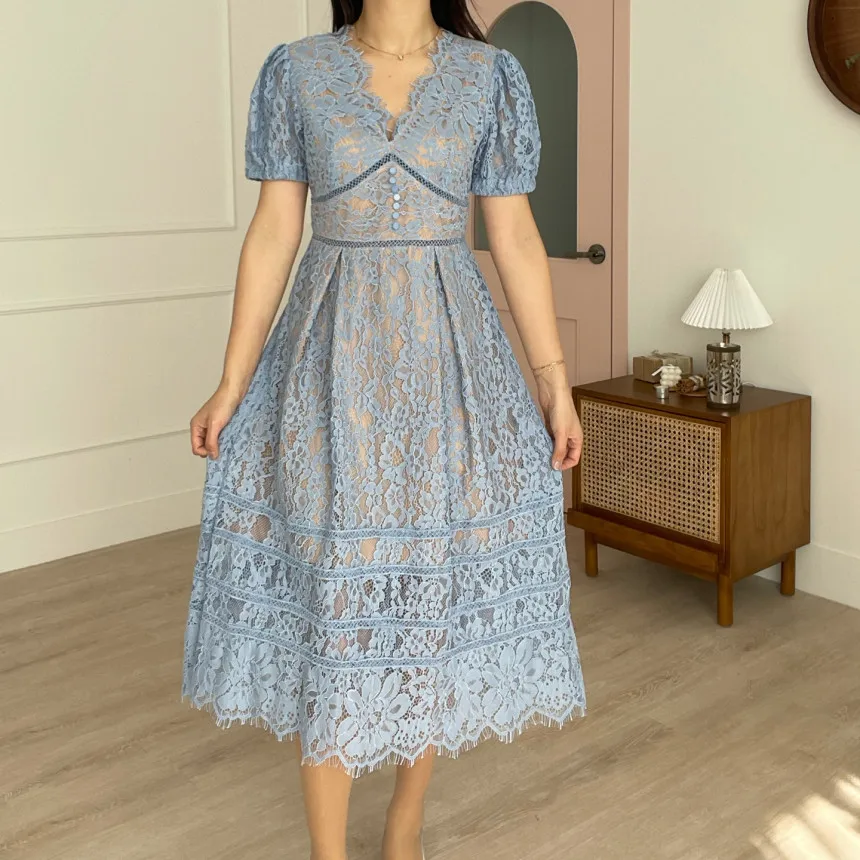 

Summer Women Lace Party Long Dress Short Sleeve Fashion V Neck Sundress Female Blue Elegant Retro Dress