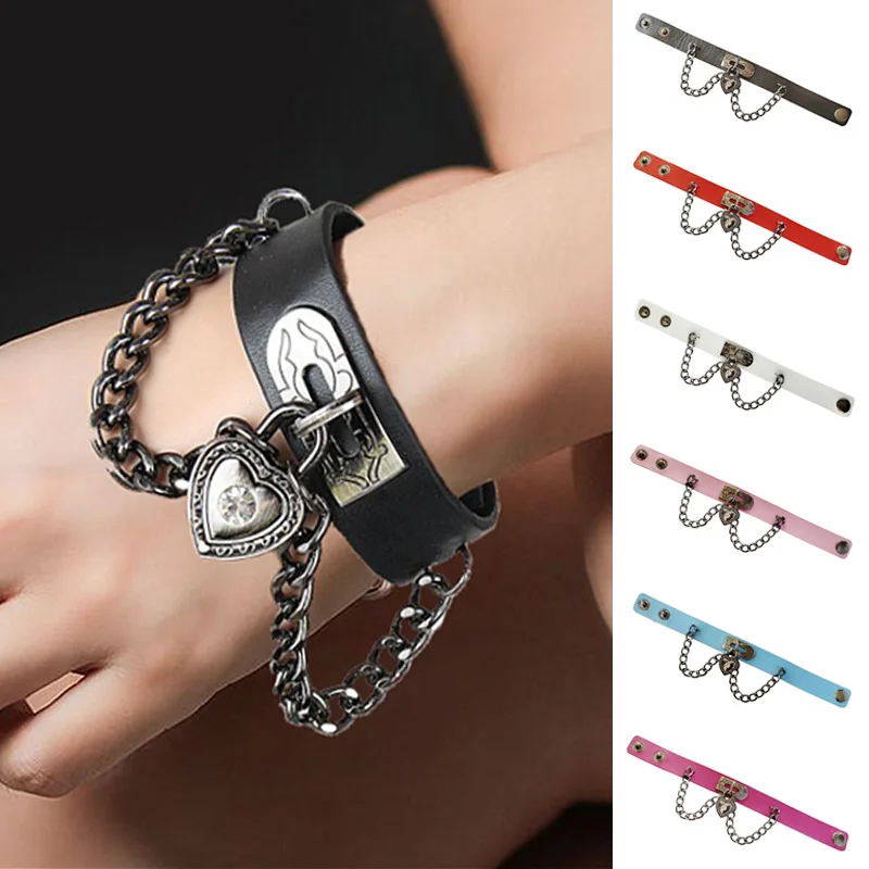 

New Unique Heart Spikes Rivet Stud Wide Cuff Leather Punk Gothic Rock Unisex Bangle Bracelet Chain Men Jewelry