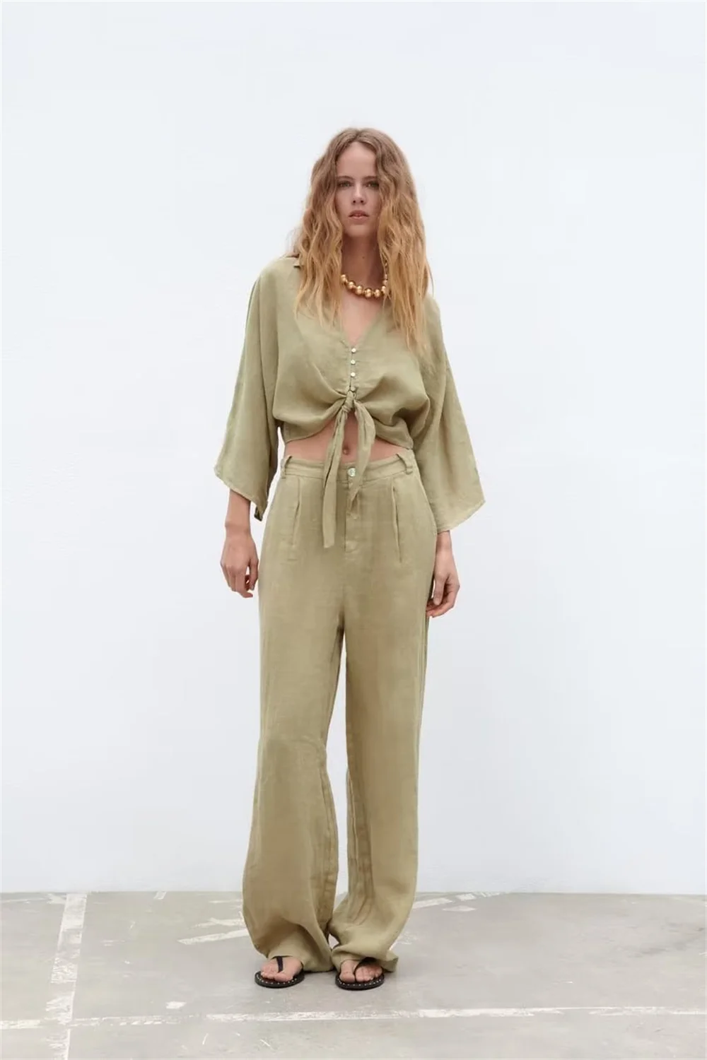 

Knot Decoration Flax Shirt For Women Spring Summer Linen Blouse Loose Short Casual Wide Sleeved Shirt Design Woman Top