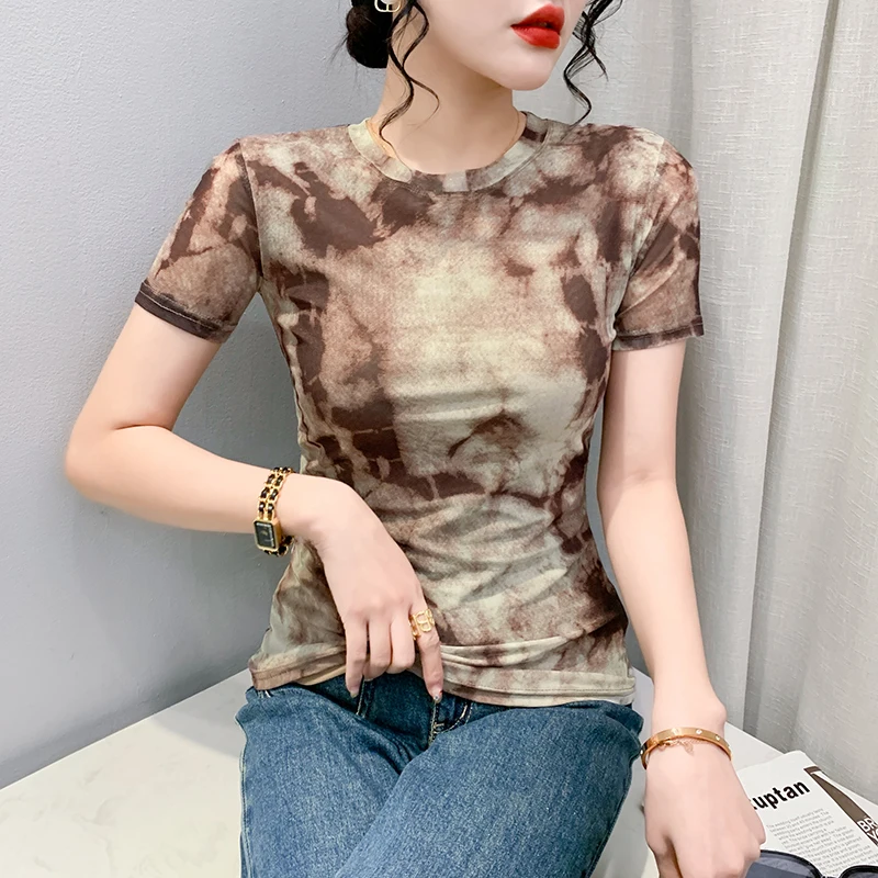 

Женская одежда, лето 2023, Корейская уличная одежда Y2k, женская одежда с коротким рукавом, женские футболки, эластичный тонкий Топ, окрашенная Сетчатая футболка