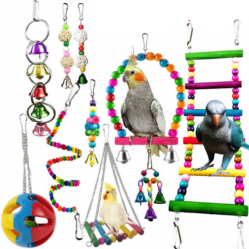 

Набор из 10 предметов, детские игрушки для попугаев, надежные и жевательные качели, подвесные жевательные мостики, деревянные шарики, колокольчик, игрушки для птиц