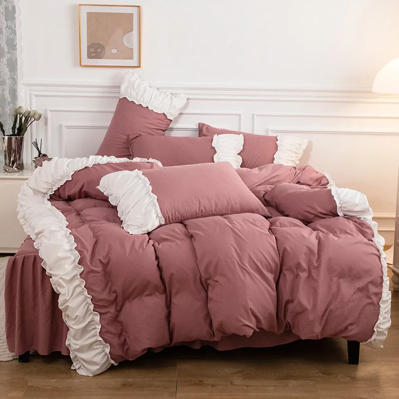 

Bonenjoy Quilt Cover Set With Flat Sheet Pink Color Bedding Set for Double Beds Ruffles Style Queen King Size Bedcloths Bed Sets