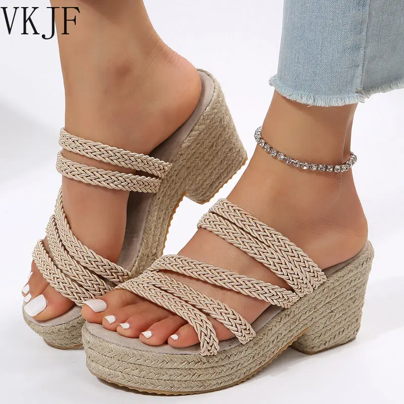 

Weaving Wedge Heel Sandals for Women Summer 2023 Espadrilles Platform Slippers Woman Thick Bottom Non Slip Beach Sandalias Mujer