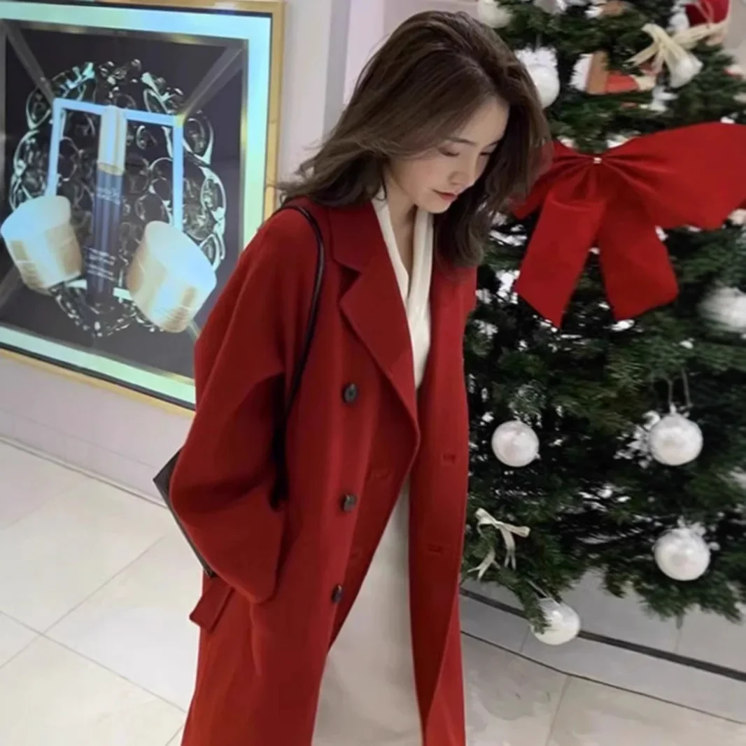 2024 новое корейское пальто из смесовой шерсти винно-красного цвета для маленького
