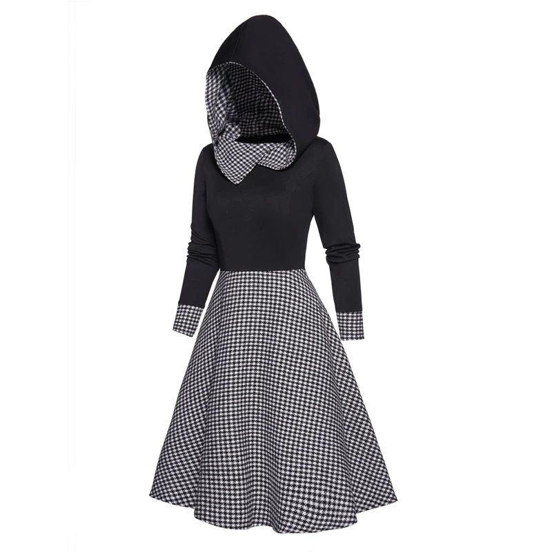 

Hooded Mini Long Sleeve Dress For Women Houndstooth Plaid Print Panel Dress Belted High Waisted Robe