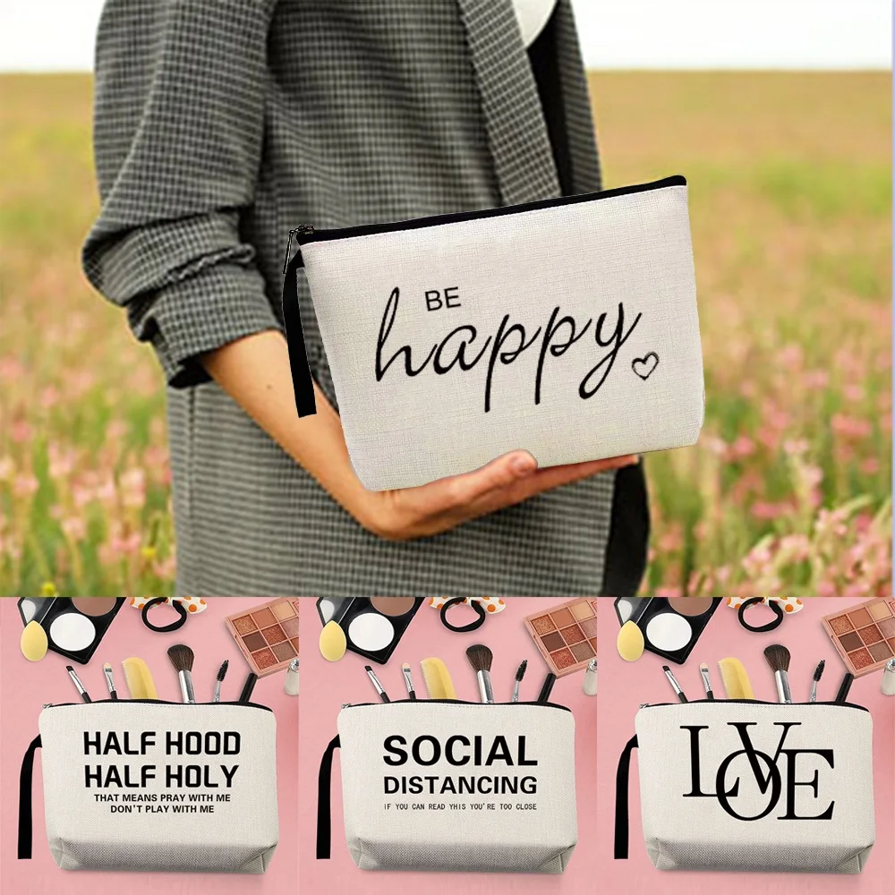 

Make Up Pouch Toiletries Organizer Bag Cosmetic Case Wedding Party Lady Clutch Phone Purse Pencil Bags Text Pattern