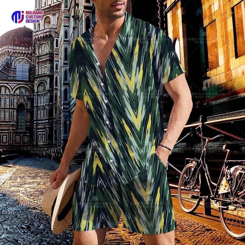 2023 Cool Pattern Shirt Men High Street Casual Travel Short Sleeve Shorts High Quality Mens Button Shirt Set US Size S-5XL