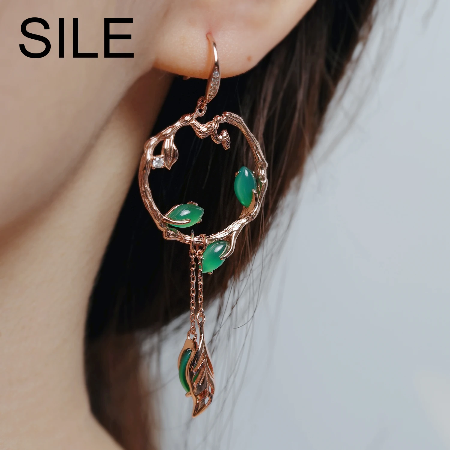 

SILE Fashion Women Round Thorns Rattan Drop Earrings Natural Green Chalcedony 925 Sterling Silver Long Earrings Luxury Jewelry