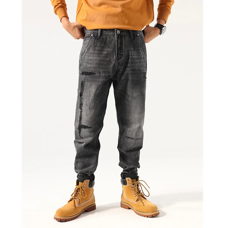 Streetwear Men 2022 New Pattern Hole Patch Black Jeans Vintage Loose Recreational Straight Cylinder Large Trousers Autumn Female