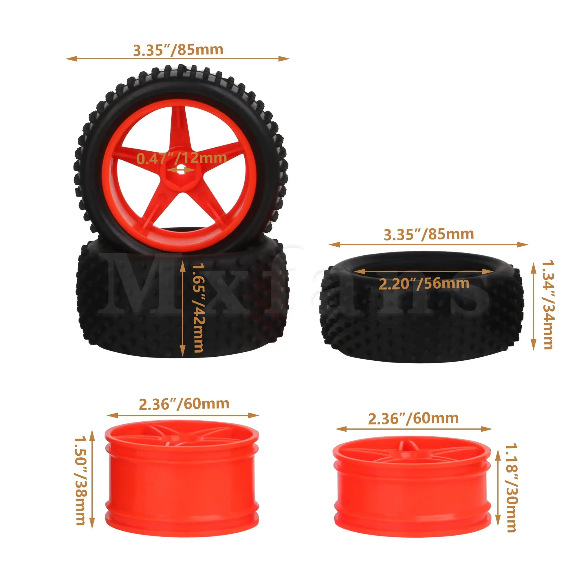 4x RC1:10 Black Rubber Tyres & 4Pcs Red Plastic Wheel Rims for Buggy images - 6