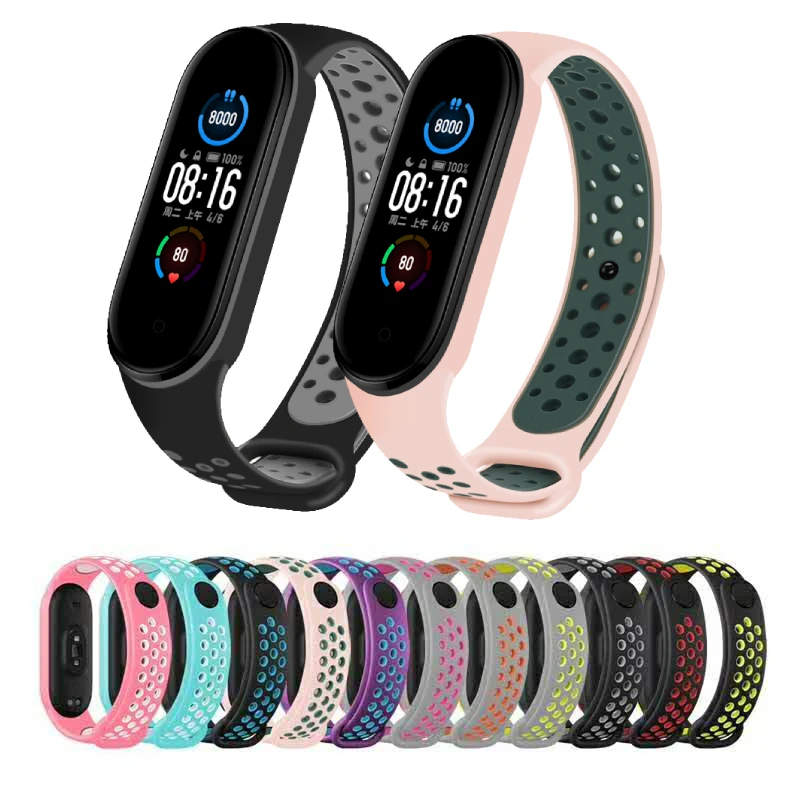 

Силиконовый ремешок для Xiaomi Miband 5 двухцветный ремешок пористый Miband5 спортивный дышащий браслет Ремешки для Xiaomi Mi Band 5
