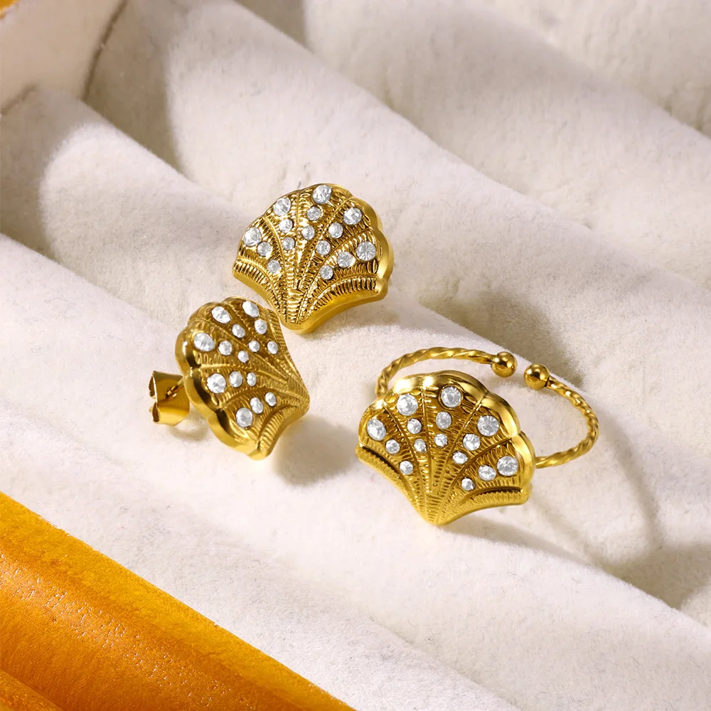 Delikatny pierścionek z cyrkonią dla kobiet złoty kolor muszla ze stali nierdzewnej otwarte pierścionki Vintage ślub para biżuteria akcesoria