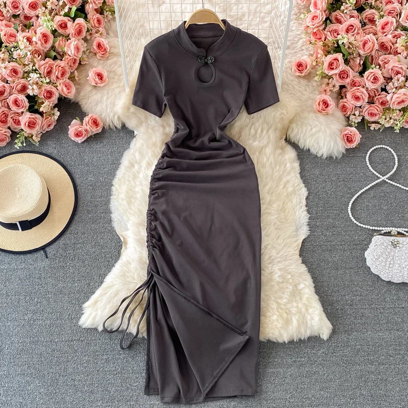 

Nomikuma Vestidos De Verano Mujer 2022 Stand Neck Hollow Out Slim Bodycon Drawstring Dress for Women Retro Fashion Robe Longue