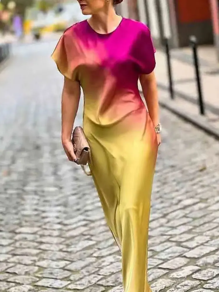 TRAFZA Женские летние модные атласные платья Tie Dye с коротким рукавом и круглым