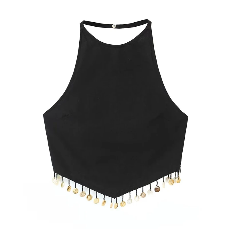 

Женский жилет с круглым вырезом, черный Универсальный Топ без рукавов с кисточками и лямкой на шее, с открытой спиной, лето 2023