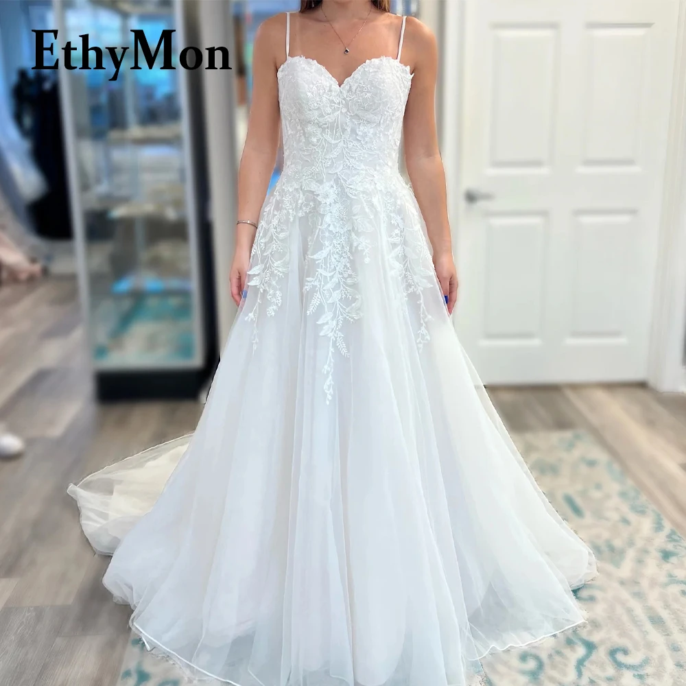 

Ethymon Decent Sweetheart Brides Wedding Dresses Lace Appliques Backless A-line Spaghetti Straps Abito Da Sposa Customized