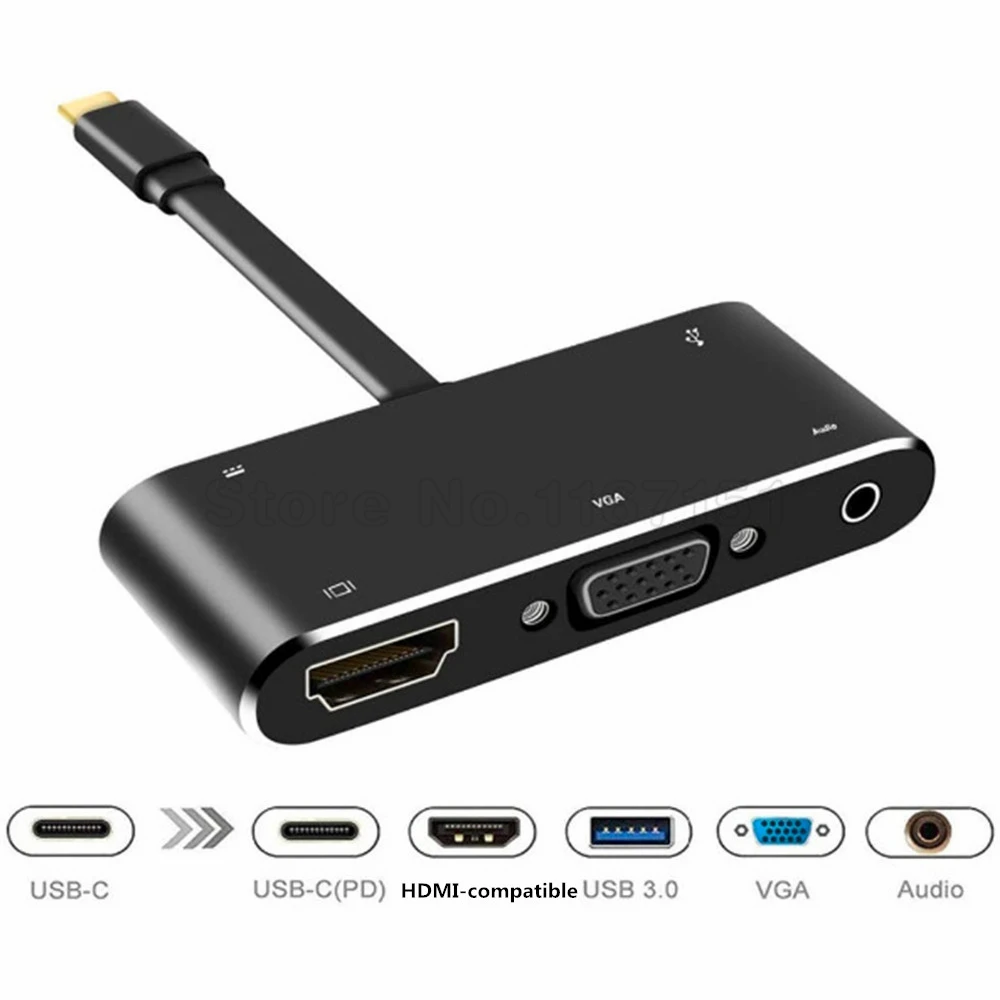 

USB-C Type-C to HDMI-compatible HUB Adapter 5 in 1 VGA USB PD AUX Audio Cable PD Converter USB 3.0