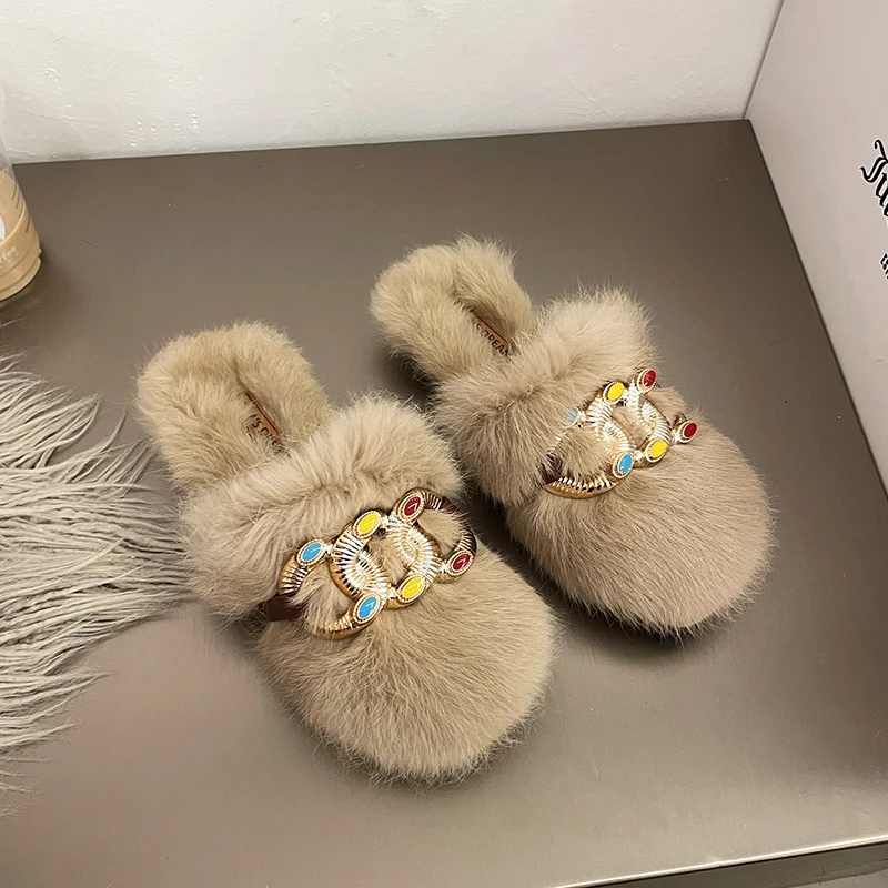 

2023 модные роскошные меховые женские меховые мюли в виде кролика, уличные пушистые современные тапочки с цепочкой, зимние пикантные женские ...